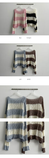 オペルストライプリップネックニットウェア/Opel Striped Lip Neck Knitwear