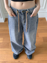 ソーンストリングウォッシングロングワイドデニムパンツ