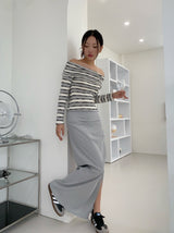 アンフッテッドシャーリングスリットロングスカート / Unfooted shirring slit long skirt