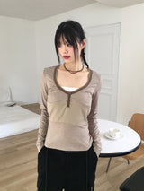 Zenki Vintage Button Ribbed Slim V-Neck T-Shirt