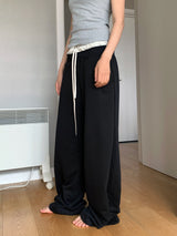 Layered banding black wide pants