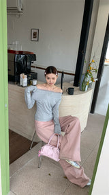 レースオフショルダー長袖Tシャツ