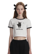 ファイターキャットクロップTシャツ / 0 2 what the cat crop t-shirt - WHITE