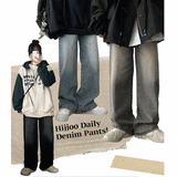 Lone washing side banding denim wide pants