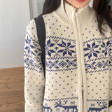 Sikok Snow Flower Nordic Pattern Two-Way Knit Zip-Up Cardigan