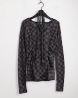 [Scarf set] Felde check see-through shirring long sleeve t-shirt