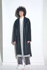 STRIPE COMBINATION WOOL ROBE COAT (Black) / ストライプコンビネーションウールローブコート