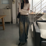 Kama yellow washed vintage long wide denim pants