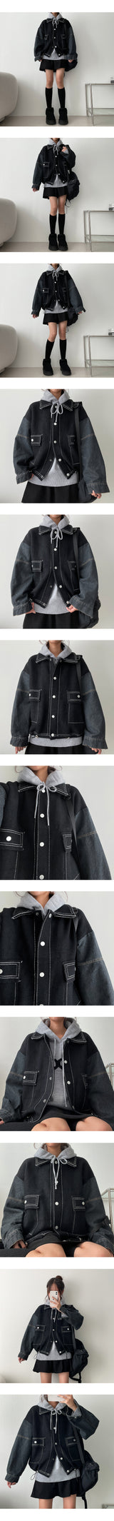 Soft Thick Denim Mixed String Collar Jacket