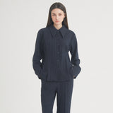 ウールストライプピンタックシャツ / Wool Stripe Pintuck Shirt (Navy)