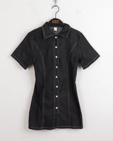 ウェディーンデニムステッチシャツ半袖ミニワンピース / Wadeen Denim Stitch Shirt Short Sleeve Mini One Piece