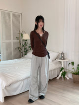 Toot lace layered button ribbed long-sleeve knitwear