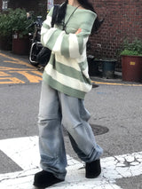 Off-shoulder Oversized Fit Stripe Knitwear