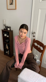 Must-have shirring long-sleeved T-shirt