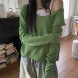 ソフルビビッドリブオフショルダールーズフィットディープUネックロングTシャツ
