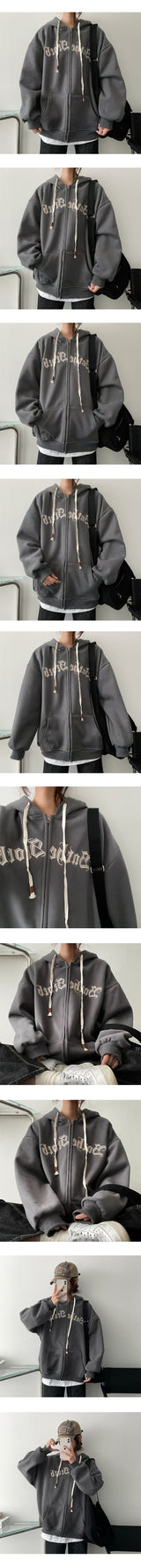 [Fleece] Vintage Lettering Hooded Zip-Up