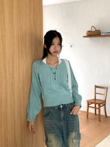 High knee ribbed V-neck semi-crop long-sleeve knit