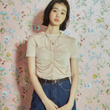 シャーリング トップ レイヤード Tシャツ / [LINE] Shirring Top Layered T-Shirt (Beige)