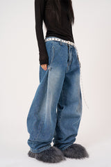 Folding snap over wide denim pants