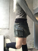 vintage layered unbalanced cargo denim pantskirt
