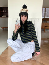 【裏起毛】ストライプニット フード付き ジップアップ
