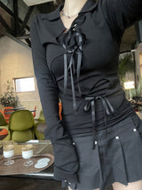 ストラップスリットカラーリボンTシャツ / Strap slit collars ribbon T-shirt