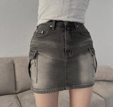 Gray cargo denim mini skirt