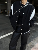 [UNISEX] Varsity stadium leather point jacket (Black)
