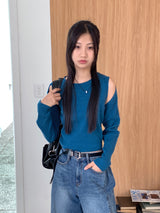 Codill V-neck Coloring Shoulder Slit Cropped Long-Sleeved Knitwear