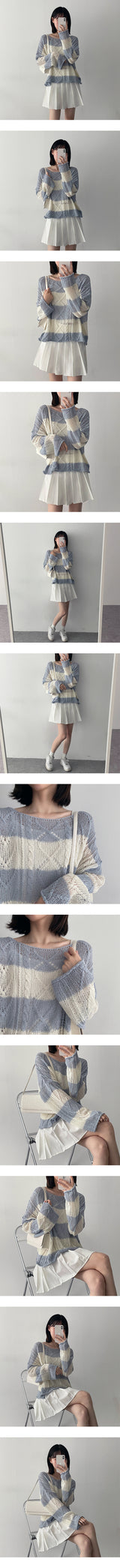 オペルストライプリップネックニットウェア/Opel Striped Lip Neck Knitwear