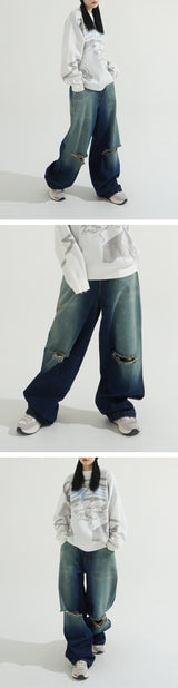 Sand Cutting Maxi Wide Denim Pants