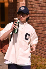 Cパッチユニセックス半袖オクスフォードシャツ / C Patch Short-Sleeved Unisex White Oxford Shirt