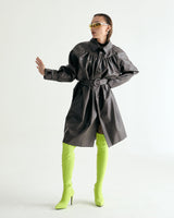 W.BELTED LEATHER SHIRRING COAT - DARK BROWN (6636057952374)