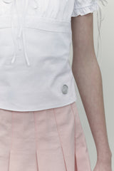 RIBBON SHIRRING SHORT SLEEVE BLOUSE [WHITE]