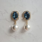 Elegant Oval Crystal and Pearl Piercing - Deep Blue