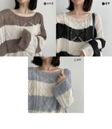 オペルストライプリップネックニットウェア/Opel Striped Lip Neck Knitwear