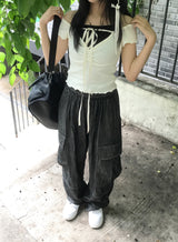 linen denim big pocket balloon cargo pants