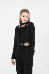 Square Neck Fur Knit T-shirt Muffler Set Black