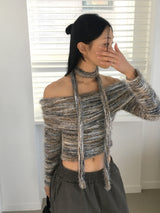 [Muffler set] Mikel Bokashi off-shoulder angora knit