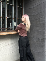 grunge washing off-shoulder crop two-way zip-up