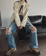(UNISEX) ナイン 配色 レーシング レザージャケット