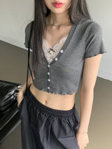 カタル一体型レースVネッククロップ半袖カーディガン/ Catal all-in-one lace V-neck cropped short-sleeved cardigan