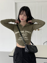 スリムレタリングスナップクロップフードTシャツ/Nofam Slim Lettering Snap Cropped Hooded T-shirt