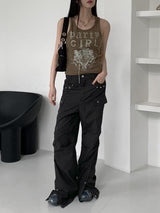 レッチアイレットナイロンポケットカーゴロングワイドパンツ/Retch Eyelet Nylon Pocket Cargo Long Wide Pants