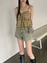 リペンチェックカップ付きシャーリングリボンストリングキャミソール / Lipen Check Cap-Included Shirring Ribbon String Sleeveless