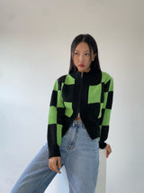 グリーンチェックニットジップアップ/green check knit zip-up