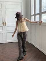 リンティーシフォンリネンフレアホルターリボンストラップノースリーブ / Linty chiffon linen flare holter ribbon strap sleeveless