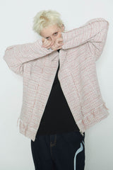 Raw Cut Detail Tweed Trucker Jacket Ivory & Red