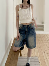 コットンボタンバンディングクロップドキャミソール/Waiben Cotton Button Banding Cropped Sleeveless