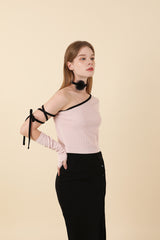 Strap Off Shoulder Warmer T-shirt Pink